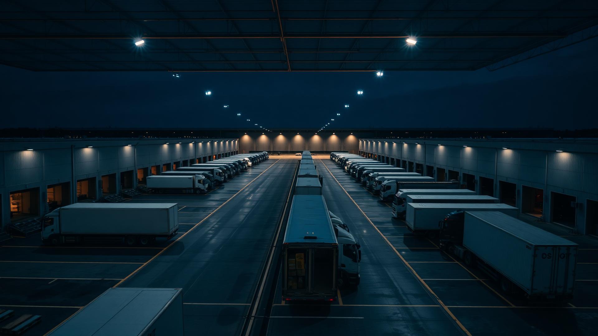 Logistieke hub met vrachtwagens aan de laadperrons in de avond